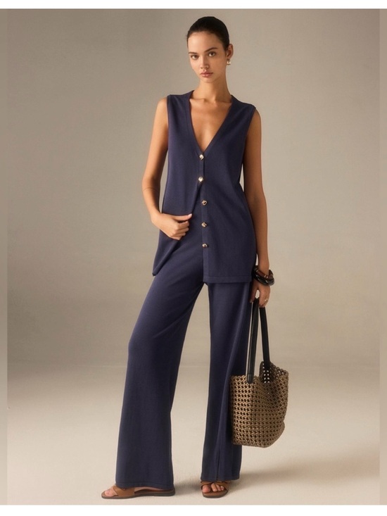Commense Pants - Commense Navy Knit Wide Leg Pants Set W/Vest Classy Minimalist Elevated Staple S